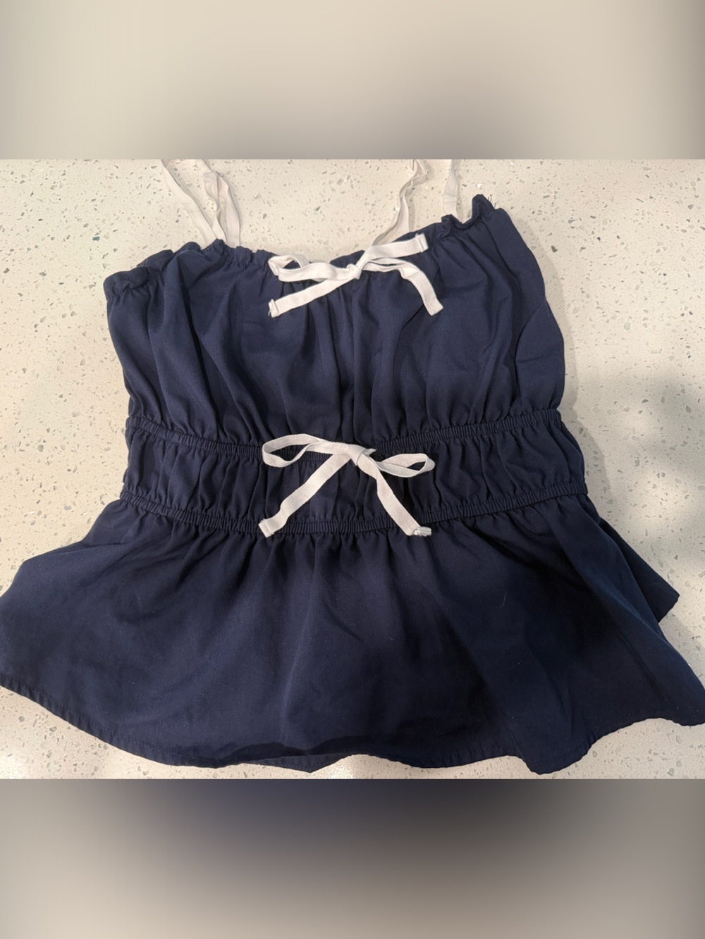 Navy Blue Ruched Strapless Top with White Ties